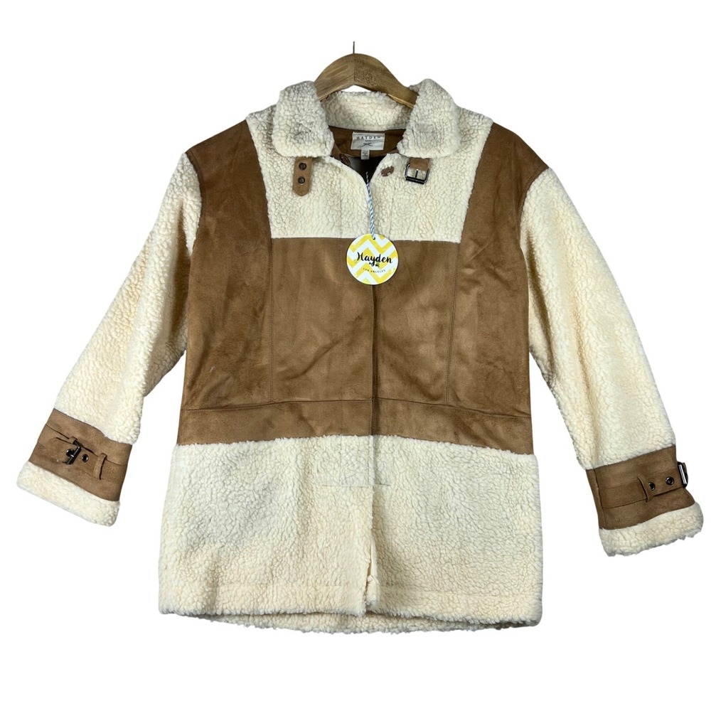 Hayden Girls Faux Shearling Suede Colorblock Jacket‎ Tan Cream Kids 13/14 NWT